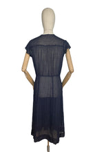 Load image into Gallery viewer, Charming Original Late 1930's or Early 1940's Sheer Navy and White Swiss Dot Dress with Ric-rac Trim - Bust 34 36