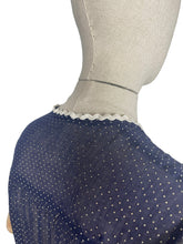 Load image into Gallery viewer, Charming Original Late 1930's or Early 1940's Sheer Navy and White Swiss Dot Dress with Ric-rac Trim - Bust 34 36
