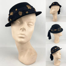 Load image into Gallery viewer, Original 1940’s Black Felt Hat with Bead, Sequin and Straw Trim and Large Bow *