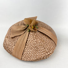 Load image into Gallery viewer, Original 1950's Light Brown Lacquered Raffia Hat with Bow Trim by Jacoll *