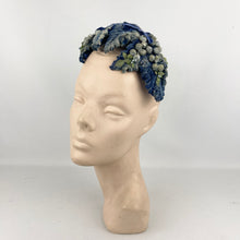 Load image into Gallery viewer, Original 1950’s Flower and Leaf Half Hat in Soft Blue and Green with Double Bow Trim