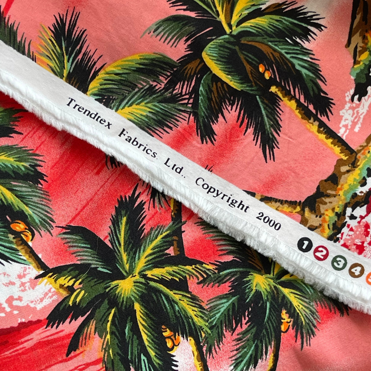 Red Hawaiian Themed Fabric with Surfers and Palm Trees - 100