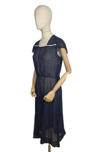 Load image into Gallery viewer, Charming Original Late 1930's or Early 1940's Sheer Navy and White Swiss Dot Dress with Ric-rac Trim - Bust 34 36