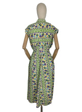 Load image into Gallery viewer, Original 1940's Green, Purple, Yellow and Blue Cotton Day Dress with Ric-rac Trim - Bust 38