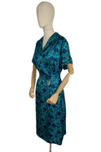 Load image into Gallery viewer, Original Late 1950's Belted Artificial Silk Wiggle Dress in Green and Blue Geometric Print - Bust 40 42 *