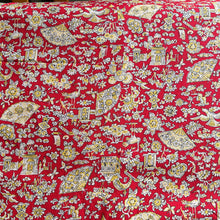 Load image into Gallery viewer, 100% Cotton Dressmaking Fabric in Red, Cream and Yellow Japanese Print with Geisha, Storks, Butterflies and Temples - 40" x 180"
