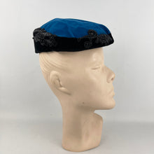 Load image into Gallery viewer, Original 1950's Blue and Black Cotton Velvet Cocktail Hat with Beading - Great Evening Hat *