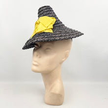 Load image into Gallery viewer, Original 1930’s 1940’s Navy Blue Conical Straw Hat with Large Double Bow Ribbon Trim in Chartreuse
