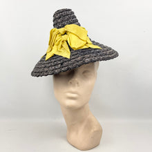 Load image into Gallery viewer, Original 1930’s 1940’s Navy Blue Conical Straw Hat with Large Double Bow Ribbon Trim in Chartreuse