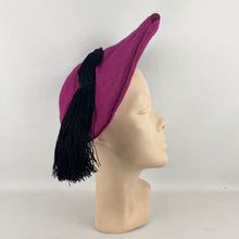 Load image into Gallery viewer, Original Huge 1940's Cerise Pink Seamed Fabric Hat with Black Tassel Trim