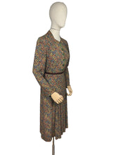 Load image into Gallery viewer, Original 1930’s Brown Crepe Long Sleeved Dress with Pretty Print in Blue, Rust, Green and Yellow - Bust 36 38