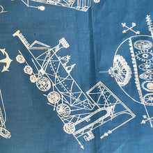Load image into Gallery viewer, Original 1950's Cotton Sateen Dressmaking Fabric - Blue with White Design of Plans for Various Modes of Transport - 36" x 144"
