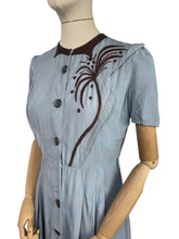 Load image into Gallery viewer, Original 1940’s CC41 Blue Cotton Dress with Brown Appliqué for the Shorter Lady - Wounded But Wearable - Bust 35 36