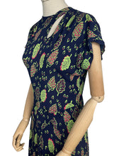 Load image into Gallery viewer, Stunning Original 1940's Dark Blue Dress with Cerise Pink and Lime Green Leaf Print