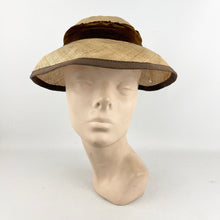 Load image into Gallery viewer, Original 1950's Natural Straw Hat with Dark Chocolate Brown Velvet Ribbon and Bow Trim - AS IS *