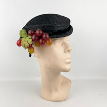 Load image into Gallery viewer, Original 1950’s Black Straw Hat with Velvet and Bunch of Grapes Trim