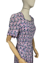 Load image into Gallery viewer, Original 1940's Novelty Print Belted Day Dress in Pink, White, Black and Blue Featuring Birds - Bust 36