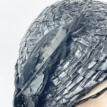 Load image into Gallery viewer, Original 1930's Black and White Lacquered Raffia Hat with Feather Trim
