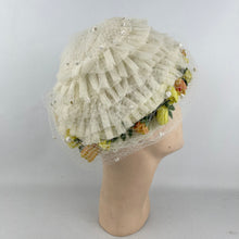 Load image into Gallery viewer, Original Late 1950's White Net Summer Hat with Orange and Yellow Flower Trim *