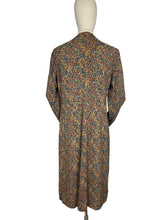 Load image into Gallery viewer, Original 1930’s Brown Crepe Long Sleeved Dress with Pretty Print in Blue, Rust, Green and Yellow - Bust 36 38