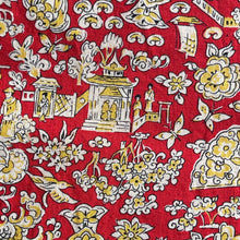 Load image into Gallery viewer, 100% Cotton Dressmaking Fabric in Red, Cream and Yellow Japanese Print with Geisha, Storks, Butterflies and Temples - 40" x 180"