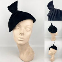 Load image into Gallery viewer, Original Late 1930's or Early 1940’s Inky Black Felt Hat with Tab Top Trim *