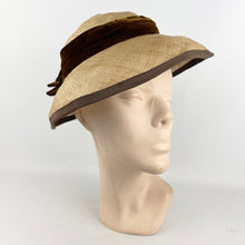 Load image into Gallery viewer, Original 1950's Natural Straw Hat with Dark Chocolate Brown Velvet Ribbon and Bow Trim - AS IS *