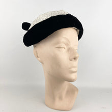 Load image into Gallery viewer, Original 1950's White and Black Hat with Velvet Bobble Trim - Charming Little Piece *