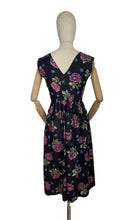 Load image into Gallery viewer, Original 1950's Classic Black Cotton Day Dress with Large Pink Roses - Bust 34 *