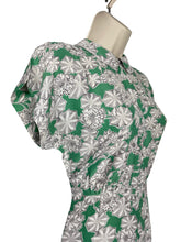 Load image into Gallery viewer, Original 1940’s Cold Rayon Day Dress in Green and White Flower and Spiderweb Print - Bust 34