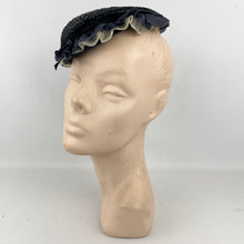 Load image into Gallery viewer, Original 1940’s Navy Blue Straw Topper Hat with White and Blue Ruffle Trim