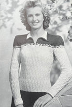 Load image into Gallery viewer, 1940's Reproduction Hand Knitted Long Sleeved Cable Jumper with Neat Collar in Mauve Pink and Ginseng Grey - Bust 34