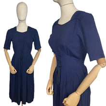 Load image into Gallery viewer, Original Classic 1940’s Blue Crepe Day Dress with Laced Waist Detail and Belt - Bust 34 35