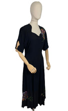 Load image into Gallery viewer, Utterly Incredible True Volup Original 1930's 1940's Satin Backed Crepe Dress with Hand Painted Floral Design - Bust 44 46