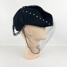 Load image into Gallery viewer, Original 1930’s 1940’s Studded Black Felt Marshall and Snelgrove Hat with Face Veil *