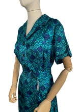 Load image into Gallery viewer, Original Late 1950's Belted Artificial Silk Wiggle Dress in Green and Blue Geometric Print - Bust 40 42 *