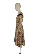 Load image into Gallery viewer, Original 1950's Cocktail Dress in Brown and Gold Abstract Print with Black Velvet Accent - Bust 34 35 *