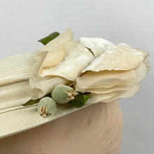 Load image into Gallery viewer, Original 1940’s 1950’s Cream Straw Hat with Velvet Trim and Large Fabric Rose