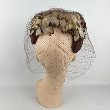 Load image into Gallery viewer, Original 1950's Brown and Cream Floral Half Hat with Veil *