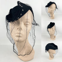 Load image into Gallery viewer, Original 1930’s 1940’s Studded Black Felt Marshall and Snelgrove Hat with Face Veil *