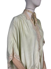 Load image into Gallery viewer, Original 1920's 1930's Bourne and Hollingsworth Pale Green Pure Silk Bed Jacket With Tambour Lace Detail and Ribbon Tie - Bust 34" 36" 38" 40"