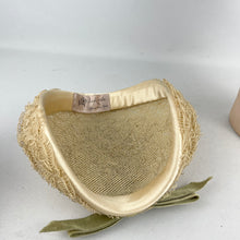Load image into Gallery viewer, Original 1950’s Hat in Cream with Satin Edging and Soft Green Velvet Bow Trim *