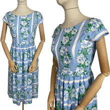Load image into Gallery viewer, Original 1950's Floppy Cotton Day Dress in Blue and White Roses Stripe - Bust 34 35