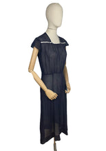 Load image into Gallery viewer, Charming Original Late 1930's or Early 1940's Sheer Navy and White Swiss Dot Dress with Ric-rac Trim - Bust 34 36