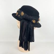 Load image into Gallery viewer, Original 1940’s Black Felt Hat with Bead, Sequin and Straw Trim and Large Bow *