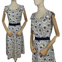 Load image into Gallery viewer, Original 1940's Grey, White, Blue and Green Cotton Summer Dress with Floral Print - B36