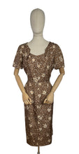 Load image into Gallery viewer, Original 1950's Pure Silk Wiggle Dress in Autumnal Print of Brown and Cream - Bust 40 *