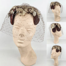 Load image into Gallery viewer, Original 1950's Brown and Cream Floral Half Hat with Veil *