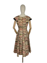 Load image into Gallery viewer, Original 1950's Cocktail Dress in Brown and Gold Abstract Print with Black Velvet Accent - Bust 34 35 *