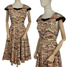 Load image into Gallery viewer, Original 1950's Cocktail Dress in Brown and Gold Abstract Print with Black Velvet Accent - Bust 34 35 *